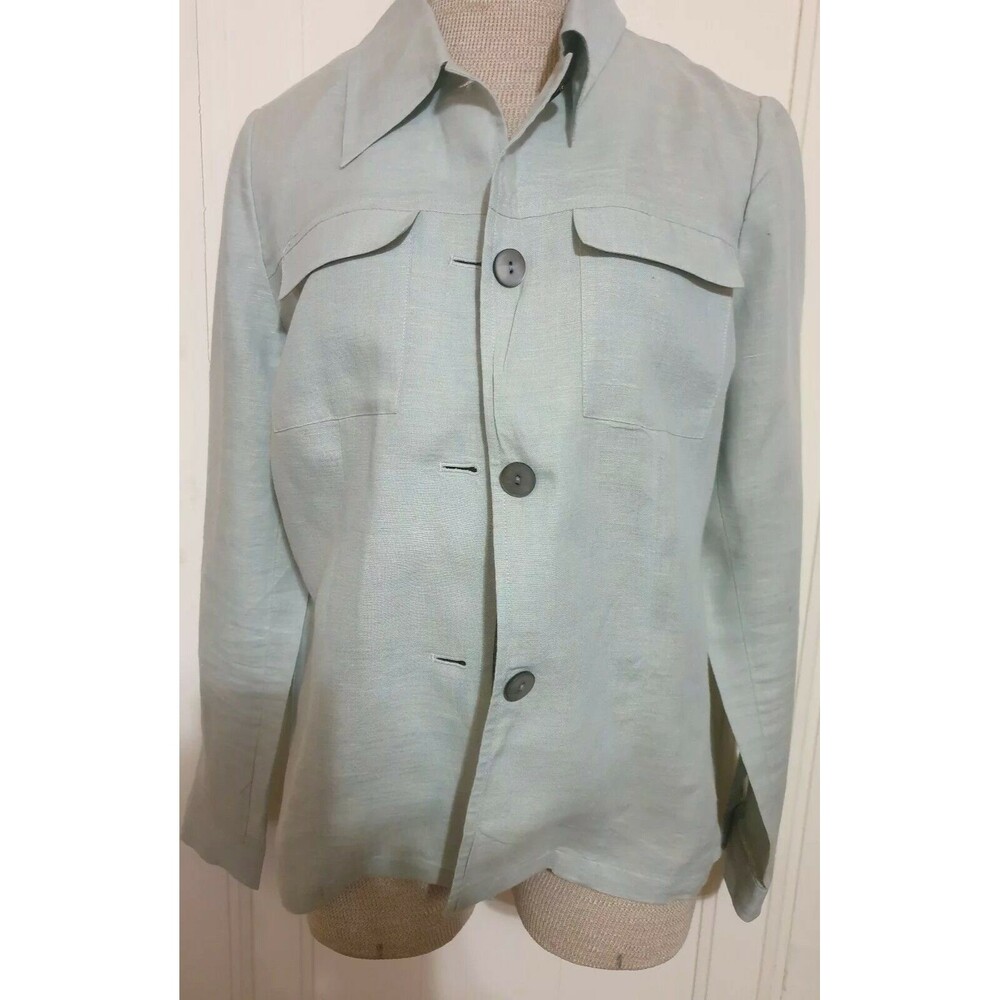 Womens Nordstrom Button Up Top 100% Green Linen Size Small Excellent Condition